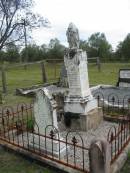 Richard, son of Robert & Mary SODEN,
injured by a fall near the Beppo School on 6th,
died at Ipswich on 9th Nov 1893;
Robert Dawson SODEN,
born 27 Oct 1837 Fort William, Virginia, Ireland,
died 3 Jan 1905 Mt Beppo aged 67 years;
Mary Frances SODEN, wife,
born 29 Dec 1841 Lislin, Mullagh, Cavan,
died 25 Dec 1911 Mt Beppo aged 69 years;
Julia, wife of D.J. SODEN,
died 15 Nov 1906 aged 32 years;
David James SODEN, husband,
died 27 July 1956 aged 78 years;
Caboonbah Church Cemetery, Esk Shire