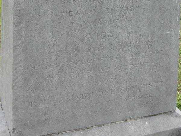 Edward Kingsley PLANTAGENET,  | born 18 May 1890 died 26 Jan 1891;  | Vida,  | born 1st died 8th Dec 1891;  | eldest son and 5th daughter of  | Henry PLANTAGENET and Katharine Ross SOMERSET;  | [headstone transferred from below Caboonbah homestead]  | Caboonbah Church Cemetery, Esk Shire  | 