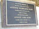 Auguste Wilhelmine HAHN,
wife mother,
died 20 May 1066 aged 79 years;
August John HAHN, father,
died 16 Sept 1972 aged 83 years;
Caffey Cemetery, Gatton Shire