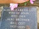 John OST, husband father, 1875 - 1946;
Ferdinand (Ferdy) J. OST, 1912 - 1947;
Elizabeth OST, wife of John, 1890 - 1969;
Bill OST, brother, 1907 - 1985;
Edward Charles OST, 1916 - 1999;
Caffey Cemetery, Gatton Shire