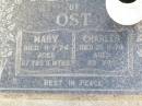 Mary OST,
died 9-7-74 aged 87 years 11 months;
Charles OST,
died 25-11-70 aged 89 years;
Caffey Cemetery, Gatton Shire