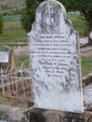 Anna Marie DREHER, wife mother,
born Caub am Rheim Germany,
died her home Black Duck Creek
16 Nov 1926 aged 74 years,
husband Gottleib Wilhelm,
daughters Minnie, Annie, son Fred;
Gottleib W. DREHER, father,
died 2 April 1943 aged 81 years;
Caffey Cemetery, Gatton Shire