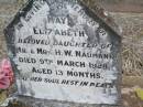 May Elizabeth,
daughter of Mr & Mrs H.W. NAUMANN,
died 9 March 1928 aged 13 months;
Eveline R. NAUMANN,
died 5 Jan 1942 aged 18 months;
Caffey Cemetery, Gatton Shire