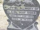 Elaine May DORR,
died 25 Feb 1955 aged 10 years;
Caffey Cemetery, Gatton Shire