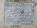 Helene SINN,
born 31-5-1840 Germany,
died 27-7-1916 Qld,
remembered by descendants 1988;
Caffey Cemetery, Gatton Shire