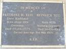 Fredrike H. TEIS, nee RADDATZ,
born about 1961 Germany,
died 27-04-1925;
Heinrich TEIS,
born 1834 Yesberg Germany,
died 14-04-1914;
second marriage 31 May 1909;
Caffey Cemetery, Gatton Shire