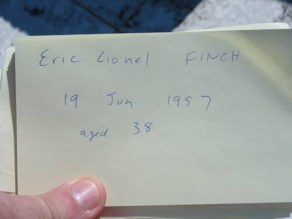 Eric Lionel FINCH,  | son brother,  | died 19 June 1957 aged 38 years;  | Canungra Cemetery, Beaudesert Shire  | 