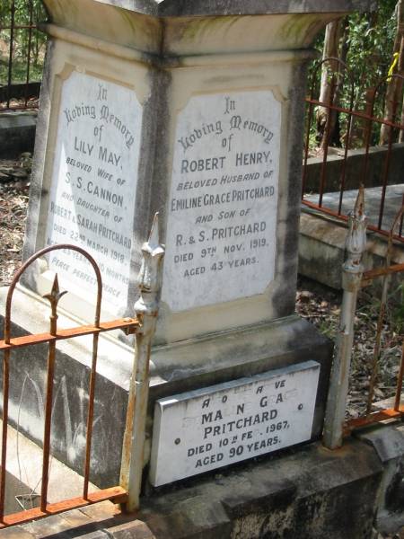 Robert Henry Pritchard 9 Nov 1919 aged 43  | husband of Emiline Grace Pritchard  | son of R and S Pritchard  | Emiline Grace Pritchard 10 Feb 1967 aged 90  | Chapel Hill Uniting (formerly Methodist) Cemetery - Brisbane  |   | 
