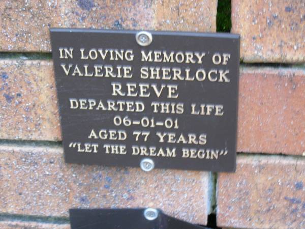 Valerie Sherlock REEVE,  | died 06-01-01 aged 77 years;  | Coochiemudlo Island Pine Ridge Chapel collumbarium, Redland Shire  |