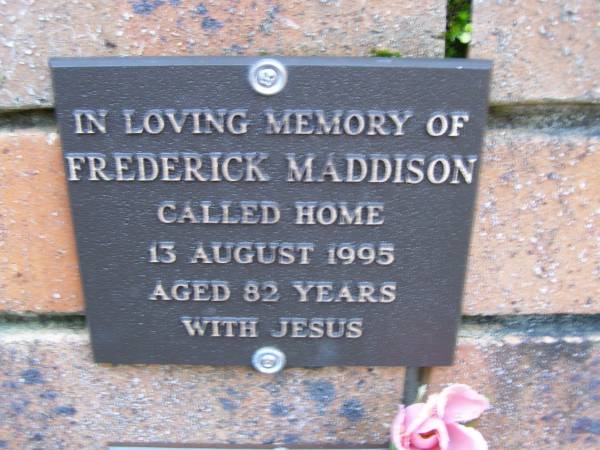Frederick MADDISON,  | died 13 Aug 1995 aged 82 years;  | Coochiemudlo Island Pine Ridge Chapel collumbarium, Redland Shire  |