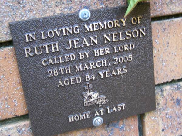Ruth Jean NELSON,  | died 28 March 2005 aged 84 years;  | Coochiemudlo Island Pine Ridge Chapel collumbarium, Redland Shire  |