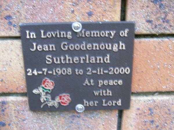 Jean Goodenough SUTHERLAND,  | 24-7-1908 - 2-11-2000;  | Coochiemudlo Island Pine Ridge Chapel collumbarium, Redland Shire  |