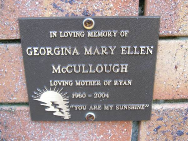 Georgina Mary Ellen MCCULLOUGH,  | mother of Ryan,  | 1960 - 2004;  | Coochiemudlo Island Pine Ridge Chapel collumbarium, Redland Shire  |