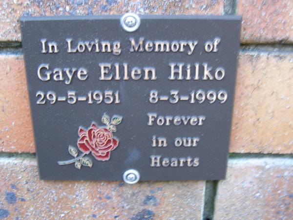 Gaye Ellen HILKO,  | 29-5-1951 - 8-3-1999;  | Coochiemudlo Island Pine Ridge Chapel collumbarium, Redland Shire  |