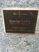 Lian Gee Yet Foy
b: 18 Mar 1887
d: 28 Oct 1887
erected by the descendants of Yip Hoy and Ah How
Cooktown Cemetery