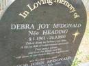 Debra Joy McDONALD (nee HEADING)
b: 8 Jan 1961
d: 24 Sep 2005
and her first born child
Jacob John McDONALD
still born 21 Jul 1991
husband and father John
daughters and sisters Hayley, Holly
Diddillibah Cemetery, Maroochy Shire