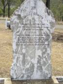 Clause Jacob LAU,
died 7 July 1921 aged 78 years;
Julia, wife,
died 12 April 1925 aged 88 years;
erected by daughter Ottilie WEBER;
Douglas Lutheran cemetery, Crows Nest Shire