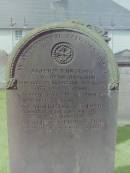 Alison THOMSON
d: 19 Jul 1875 aged 45 at Lockerbie
wife of David DAVIDSON
David DAVIDSON
d: 1 May 1898 aged 78
daughter
Catherine DAVIDSON
d: 28 Feb 1930
daughter
Elizabeth DAVIDSON
d: 17 Jun 1943
Cemetery of Dryfesdale Parish Church, Lockerbie, Dumfriesshire, Scotland