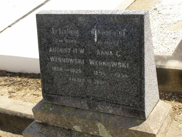 parents;  | August H.W. WERNOWSKI,  | 1858 - 1929;  | Anna C. WERNOWSKI,  | 1858 - 1936;  | Dugandan Trinity Lutheran cemetery, Boonah Shire  | 