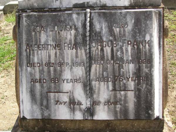 Ida Louisa Albertine FRANK,  | died 6 Sep 1919 aged 68 years;  | Jacob FRANK,  | died 30 Jan 1925 aged 75 years;  | Dugandan Trinity Lutheran cemetery, Boonah Shire  | 