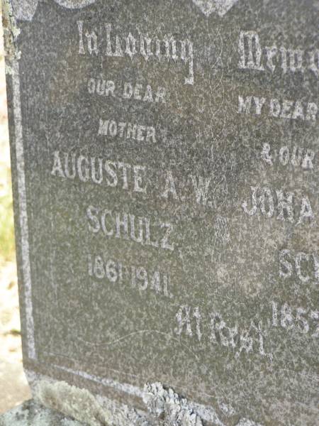 Auguste A.W. SCHULZ,  | mother,  | 1861 - 1941;  | Johann W.M. SCHULZ,  | husband father,  | 1857 - 1933;  | Dugandan Trinity Lutheran cemetery, Boonah Shire  | 