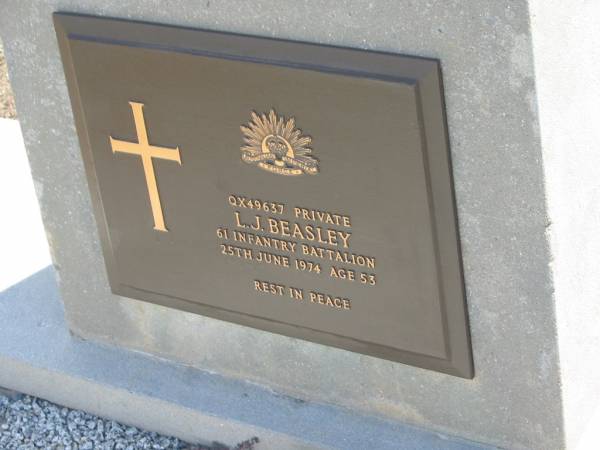 L.J. BEASLEY,  | died 25 June 1974 aged 53 years;  | Dugandan Trinity Lutheran cemetery, Boonah Shire  | 