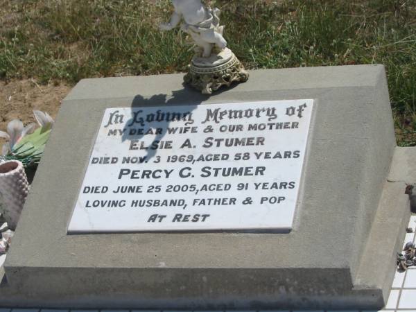 Elsie A. STUMER,  | wife mother,  | died 3 Nov 1969 aged 58 years;  | Percy G. STUMER,  | died 25 June 2005 aged 91 years,  | husband father pop;  | Dugandan Trinity Lutheran cemetery, Boonah Shire  | 