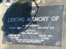 Susan Maria LUPTON
22 Jan 1991, aged 33
Melissa Sue LUPTON
12 Nov 1993, aged 9 years
Eagleby Cemetery, Gold Coast City