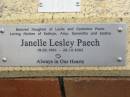 Janelle Lesley PAECH,
daughter of Leslie & Catherine POOLE,
mother of Kathryn, Amy, Samantha & Jessica,
18-2-1961 - 28-10-2002;
St Lukes Anglican Church, Ekibin, Brisbane