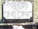 Otto SCHAD, husband father,
1880 - 1943;
Irene Jean ECKER,
1918 - 1944;
Herman Arthur SCHAD,
1915 - 1944;
Lily Violet SCHAD, wife of Otto,
1891 - 1960;
Forest Hill Cemetery, Laidley Shire
