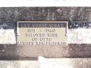 Otto SCHAD, husband father,
1880 - 1943;
Irene Jean ECKER,
1918 - 1944;
Herman Arthur SCHAD,
1915 - 1944;
Lily Violet SCHAD, wife of Otto,
1891 - 1960;
Forest Hill Cemetery, Laidley Shire