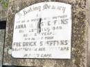 Anna M. STEFFENS, wife mother,
died 28 July 1949 aged 63? years;
Freidrick STEFFENS, father,
died 18? Sept 1952 aged 77 years;
Forest Hill Cemetery, Laidley Shire