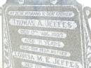 Thomas A. JEFFES, husband father,
died 17 Aug 1939 aged 71 years;
Louisa M.E. JEFFES, mother,
died 17 July 1946 aged 64 years;
Forest Hill Cemetery, Laidley Shire