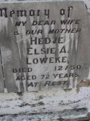 Frederick William LOWEKE, father grandfather,
died 3 May 1964 aged 87 years;
Hedve Elsie A. LOWEKE, wife mother,
died 7 Dec 1950 aged 72 years;
Gheerulla cemetery, Maroochy Shire