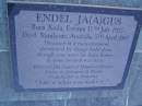Endel JAAGUS (JAGUS),
born Keila Estonia 17 July 1925,
died Nambour 5 April 2005,
husband of Winifred Evelyn,
father to Johannes Peeter,
grandfather to Kaleisha;
Gheerulla cemetery, Maroochy Shire