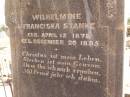 Wilhelmine Franciska STANKE,
born 12 April 1878,
died 20 Dec 1895;
Glencoe Bethlehem Lutheran cemetery, Rosalie Shire