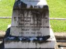 Thomas TROY,
husband father,
died 5 March 1918;
Mary TROY,
wife mother,
died 11 Feb 1941;
Gleneagle Catholic cemetery, Beaudesert Shire