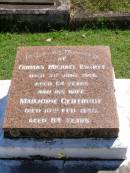 Thomas Michael BOURKE,
died 5 June 1968 aged 64 years;
Marjorie Gertrude, wife,
died 10 Feb 1990 aged 84 years;
Gleneagle Catholic cemetery, Beaudesert Shire