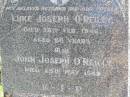 Luke Joseph OREILLY, husband father,
died 28 Feb 1946 aged 66? years;
John Joseph OREILLY,
died 25 May 1969;
Gleneagle Catholic cemetery, Beaudesert Shire