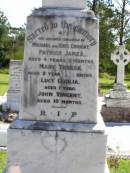 children of Michael & Kate ENRIGHT;
Patrick James, aged 4 years 7 months;
Mary Teresa, aged 2 years 10 months;
Lucy Cecilia, aged 1 year;
John Vincent, aged 10 months;
Rev Thomas ENRIGHT,
died 17 Dec 1919 aged 58 years;
Rev James ENRIGHT,
died 24 May 1921 aged 68 years;
Kathleen, wife of Jack OXENHAM,
daughter of Michael & Kate ENRIGHT,
died 30 June 1925 aged 27 years;
Gleneagle Catholic cemetery, Beaudesert Shire