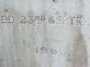 Mole BYRNE,
died 23 Sept 1966 aged 87 years;
Bessie, wife of Mole BYRNE,
died 18 July 1952 aged 64 years;
Gleneagle Catholic cemetery, Beaudesert Shire