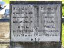 William Joseph WHITE, husband father,
died 24 Feb 1960 aged 57 years;
Hilda WHITE, mother,
died 25 Aug 1988 aged 85 years;
Gleneagle Catholic cemetery, Beaudesert Shire