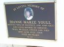 Dianne Maree YOULL,
wife of Geoffrey & John (dec),
mother of Chrissie, Craig, Bradley, Steven & John,
died 14 July 2003 aged 48 years;
Gleneagle Catholic cemetery, Beaudesert Shire