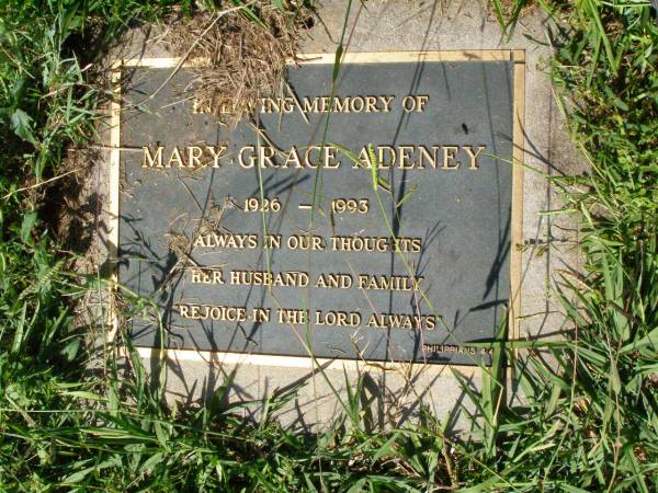 Mary Grace ADENEY,  | 1926 - 1993,  | remembered husband & family;  | Gleneagle Catholic cemetery, Beaudesert Shire  | 