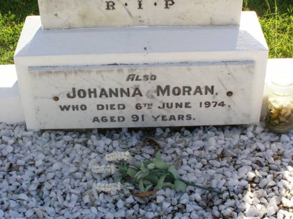 Thomas MORAN,  | died 28 Oct 1947 aged 72 years;  | Johanna MORAN,  | died 6 June 1974 aged 91 years;  | Gleneagle Catholic cemetery, Beaudesert Shire  | 