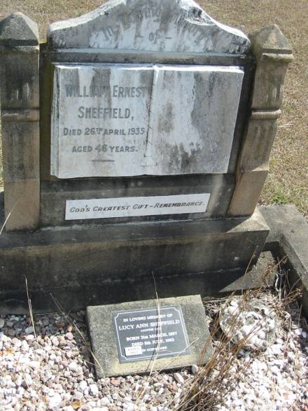 William Ernest SHEFFIELD  | 26 Apr 1935 aged 46  | Lucy Ann SHEFFIELD  | b: 31 Mar 1897, d: 8 Jul 1992  | God's Acre cemetery, Archerfield, Brisbane  | 