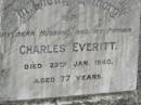 Charles EVERITT,
husband father,
died 29 Jan 1940 aged 77 years;
Elizabeth Martha EVERITT,
wife,
died 22 Sept 1954 aged 91 years;
Goomeri cemetery, Kilkivan Shire