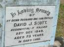 David J. SCOTT,
husband father son,
accidentally killed 22 Oct 1949 aged 23 years;
Goomeri cemetery, Kilkivan Shire