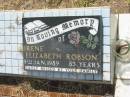 Irene Elizabeth ROBSON,
died 9 Jan 1989 aged 83 years;
Goomeri cemetery, Kilkivan Shire