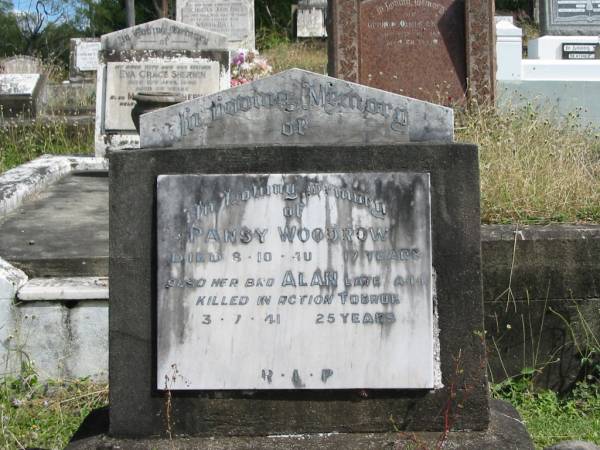Pansy WOODROW  | 8-10-40  | 17 yrs  |   | brother  | Alan  | killed in action Tobruk  | 3-7-41  | 25 yrs  |   | St Matthew's (Anglican) Grovely, Brisbane  | 